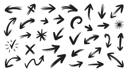 A diverse collection of hand-drawn black arrows, checkmarks, crosses, and star shapes for design elements.