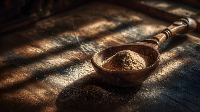 Wooden spoon holds cricket powder as warm sunlight filters through a kitchen window, creating a cozy atmosphere.