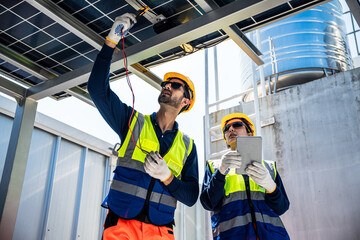 Engineers performing photovoltaic panel electrical testing on rooftop solar power plant during renewable energy system maintenance inspection © DJ Creative Studio