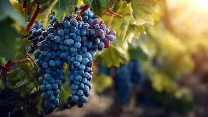 Naklejka premium Close up of ripe purple wine grapes growing in vineyard during golden sunset light. Agriculture and wine production concept.