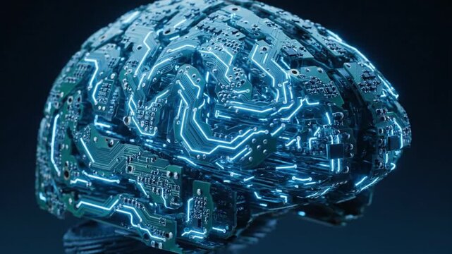 Gleaming circuit board brain symbolizing artificial intelligence, advanced machine learning, and the future of digital consciousness and cognitive computing
