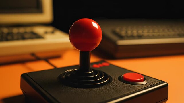 Vintage joystick and retro computer setup on an orange desk, capturing the nostalgic essence of 80s and 90s classic arcade gaming culture in a warm indoor setting.