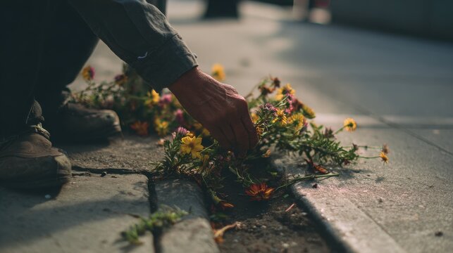 person planting flowers in sidewalk cracks, urban minimalism, soft morning light, secret guerrilla gardening, authentic street lifestyle photography
