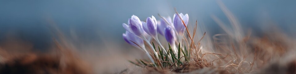 Purple crocus bunch meadow dewdrops morning closeup of clustered spring flowers with grass and soft muted background in low perspective early season