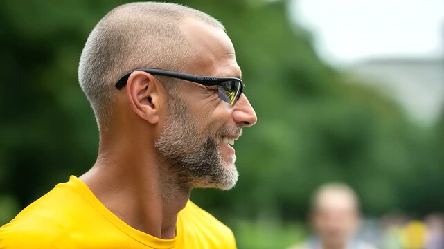 Man in yellow shirt running race, smiling and wearing sunglasses, happy marathon participant, cheerful athlete competing, outdoor running event, positive racing mood, faceless