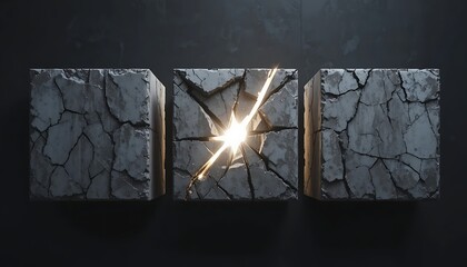 Three cracked concrete blocks with a bright light shining through the fractured middle one against a dark background with dramatic lighting.