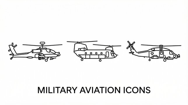 Military aviation helicopter icons set featuring detailed line art of an attack helicopter, heavy lift transport, and utility transport helicopter