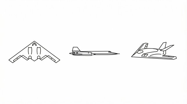 Set of strategic stealth aircraft icons featuring flying wing bomber, supersonic reconnaissance jet, and tactical stealth fighter jet