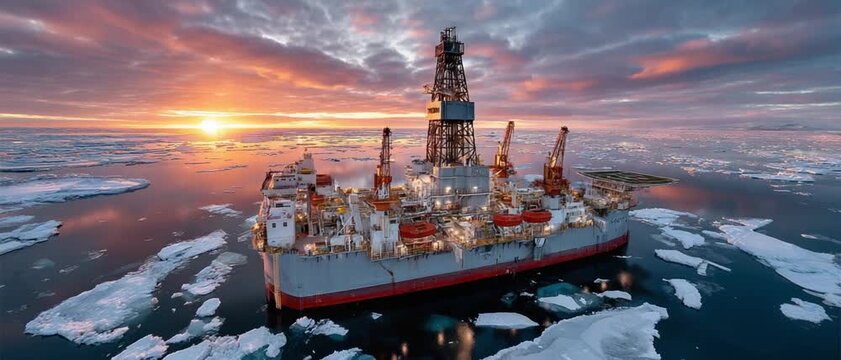 Arctic Exploration: An imposing oil rig is a symbol of industry and innovation, standing steadfast against the stark beauty of the icy Arctic, framed by a breathtaking sunset.