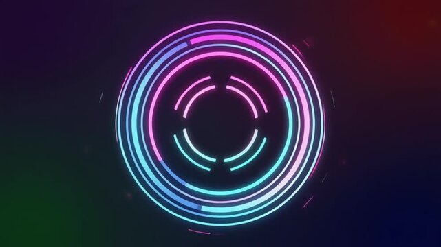 Futuristic circular loading animation, glowing neon rings rotating in multiple layers, smooth kinetic motion, modern UI interface style, holographic tech elements, subtle particle sparks, seamless loo