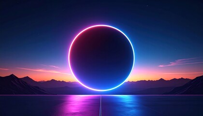 Obraz premium A glowing neon circle floats against a sunset, mountainscape below