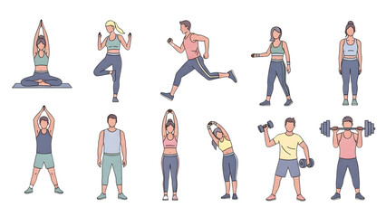 Obraz premium People Performing Fitness and Yoga Exercises Set – Healthy Lifestyle and Home Workout Activities, Transparent SVG Illustration
