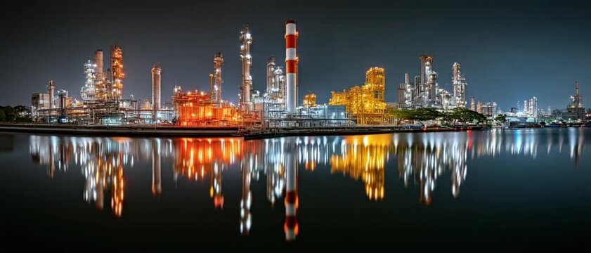 Industrial Skyline at Night: A captivating panorama showcases a sprawling industrial complex illuminated against a twilight sky.