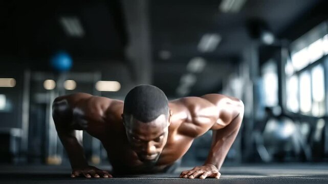 Muscular athletic person practicing pushups at gym, strength and dedication display, upper body workout, fitness training routine, floor exercise session, bodyweight strength