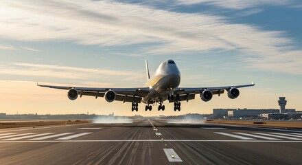 Fototapeta premium A large airplane taking off from a runway with a control tower in the background under a cloudy sky