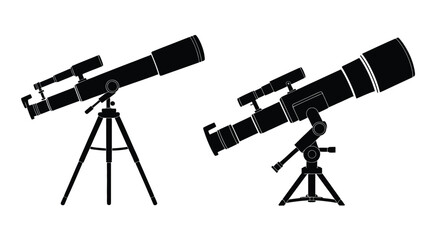 Black and White Illustration of Two Refracting Telescopes on Stands, detailed vector artwork featuring traditional astronomy instruments used for sky observation, isolated monochrome graphics  © WelcomeJune