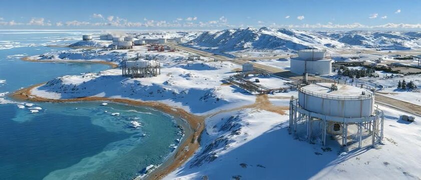Scientific Oasis Amidst Antarctic Wilderness: Aerial view showcases a scientific research base nestled within the stark beauty of Antarctica.