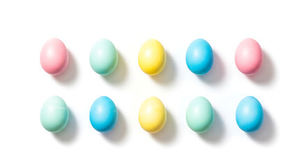 Easter eggs arranged on tabletop in pastel colors