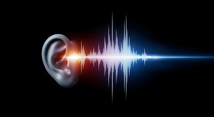 Plakat Hearing health and digital audio frequency. Sound therapy and auditory sensory technology. Human ear profile with a glowing colorful sound wave representing music and hearing