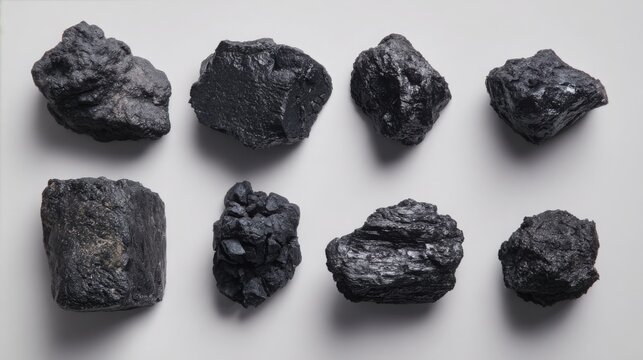 top view collection of different coal types arranged in clean grid pattern on light grey background, anthracite coal, bituminous coal, lignite coal