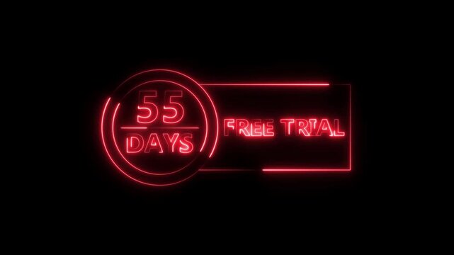 Neon bright 55 Days Free Trial Banner icon circle frame red color animation. Business nice products 55 days free trial offer video. 