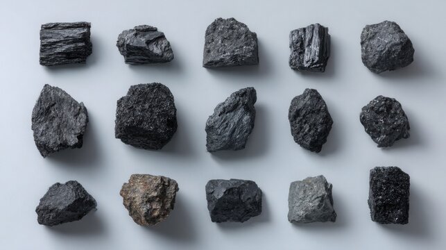 top view collection of different coal types arranged in clean grid pattern on light grey background, anthracite coal, bituminous coal, lignite coal