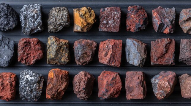 top view collection of iron ore samples arranged in organized rows, hematite, magnetite, limonite and siderite stones, metallic textures and rusty