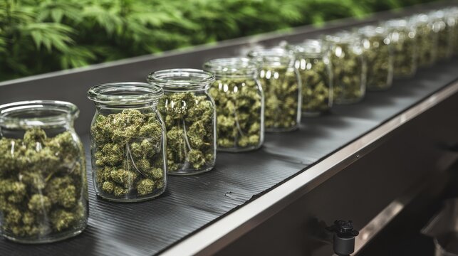 Cannabis buds in jars on conveyor belt