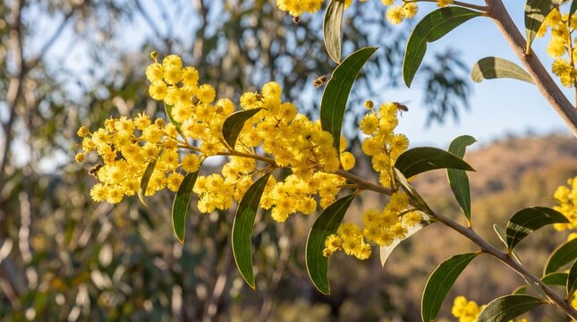 Vibrant Australian golden wattle flowers in bright yellow and green representing spring and nature [with copy space]
