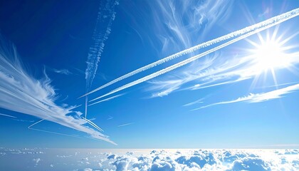 青空に描かれた飛行機雲のイメージ画像