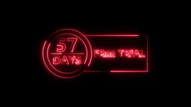 Neon bright 57 Days Free Trial Banner icon circle frame red color animation. Business nice products 57 days free trial offer video. 