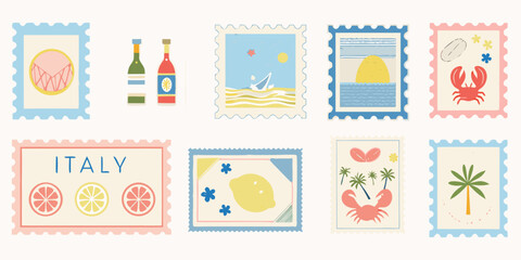 Collection of illustrated postage stamps with summery and travel themes © RanjanKumar