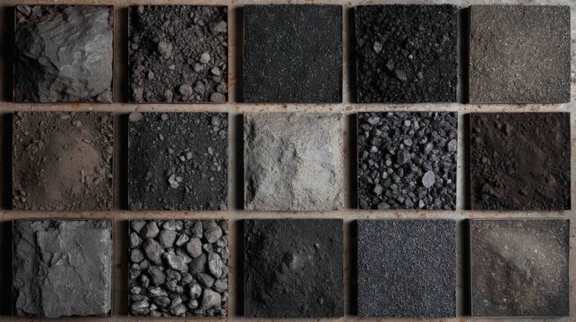 top view grid of coal types, anthracite, bituminous, lignite, peat, dark black textures with subtle variations, soft neutral background, industrial