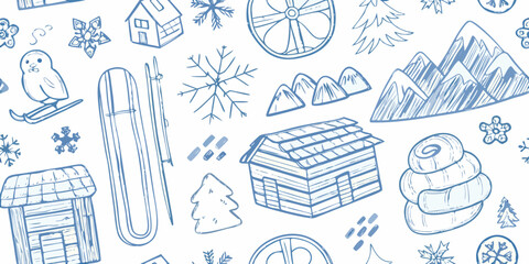 Winter themed doodles snowflakes skis a cabin and other seasonal items © RanjanKumar