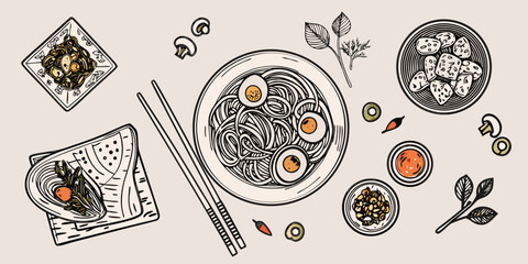 An overhead view of various japanese and asian food illustrations © RanjanKumar