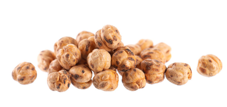Roasted chickpea isolated on white background. Handful of crunchy roasted chickpeas snack. Clipping path.