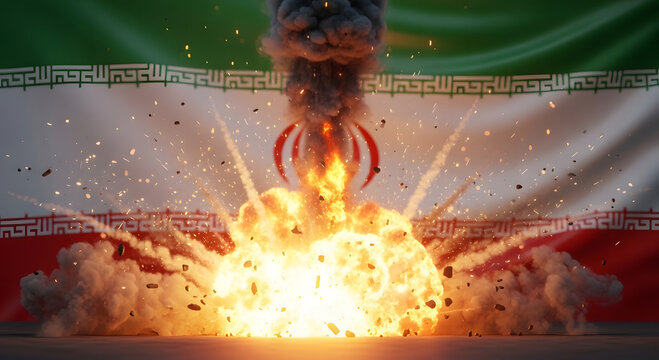 Dramatic Explosion with Fire and Smoke Over Iranian Flag
