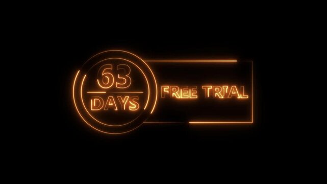 Neon bright 63 Days Free Trial Banner icon circle frame orange color animation. Business nice products 63 days free trial offer video. 