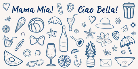 A colorful doodle illustration featuring italian summer themed objects © RanjanKumar