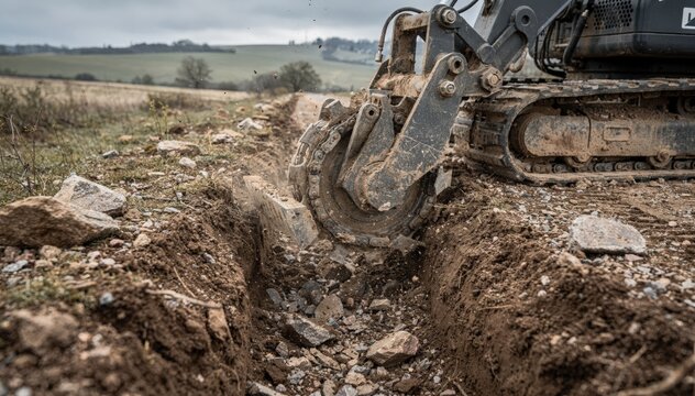 Medium shot capturing compact trenching machine creating narrow cut in rocky soil for conduit installation detailed focus on machinerys digging mechanism with muted rural landscape