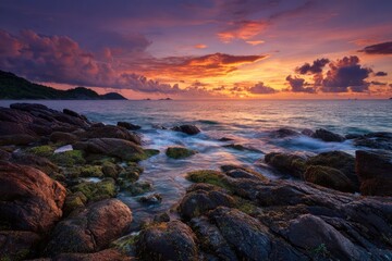 Naklejka premium Dramatic Ocean Sunset with Vibrant Sky and Rocky Shoreline.
