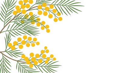 Fototapeta premium Mimosa branch with yellow flowers and green leaves, isolated image on a white background, copy space