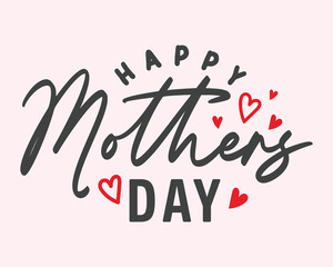 Fototapeta premium Mother's Day greeting card with hand drawn lettering and decorative red heart elements isolated on pink background. Perfect for Mother's Day banner, poster, social media template design.