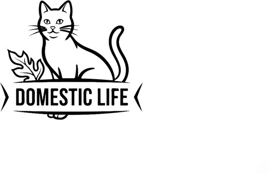 Stylized cat perched above a banner with text