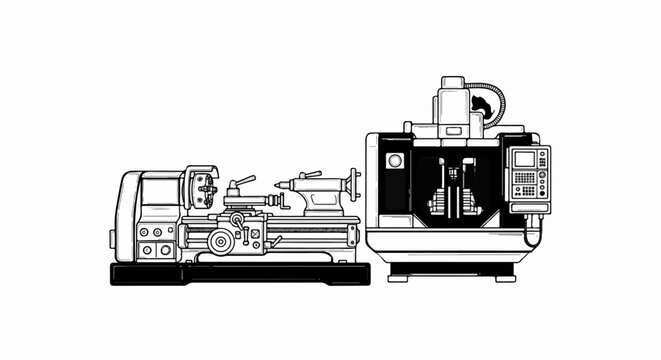 Two industrial machines, a lathe and a milling machine, depicted in a line art style