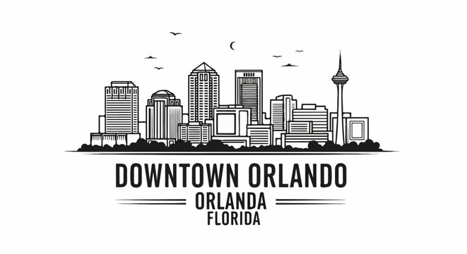 A stylized black and white cityscape illustration of a city skyline