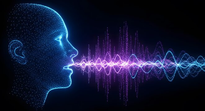 Digital particle profile speaking with sound waves. Audio technology and voice assistant interface. Glowing dots forming a face emitting purple and blue frequency signals