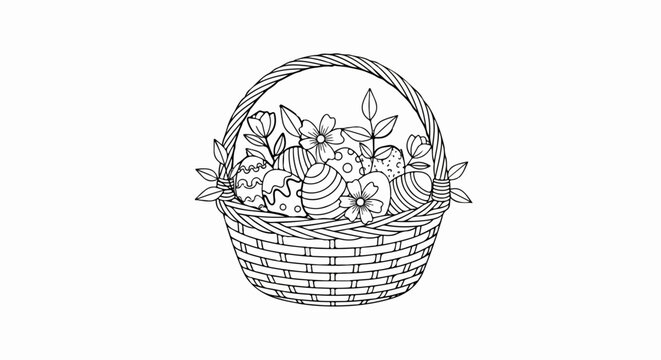 A black and white line drawing of a woven basket overflowing with decorative Easter eggs and floral accents