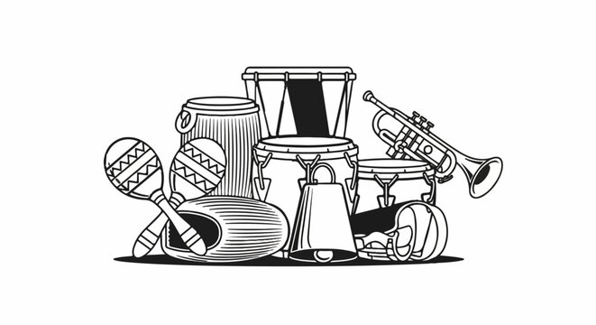 Black and white illustration of various percussion instruments and a trumpet