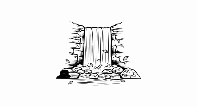 A stylized black and white illustration of a waterfall over rocks with falling leaves